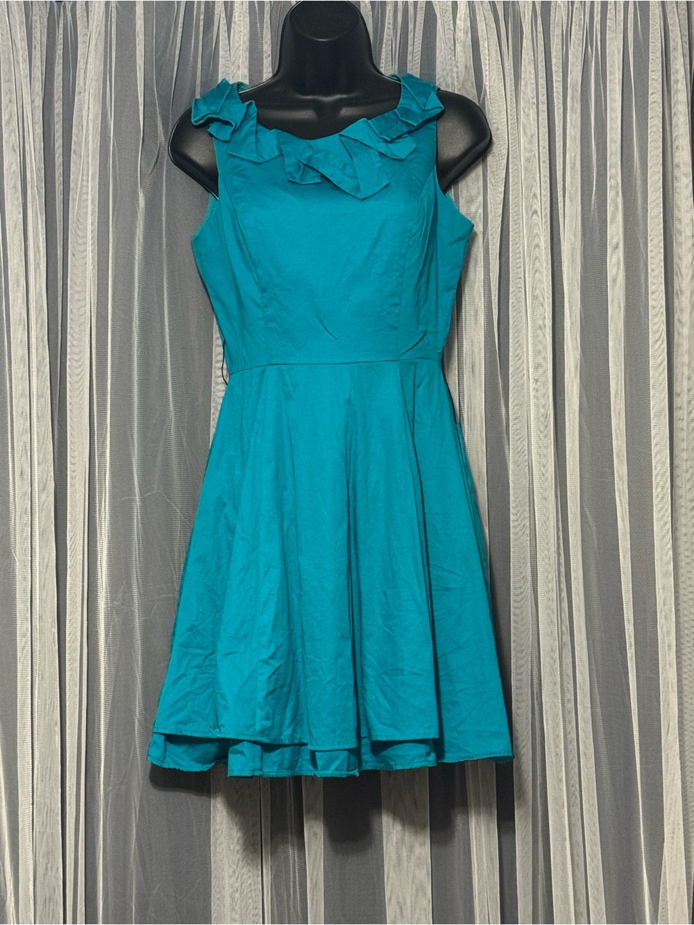 Max and Cleo Teal Ruffle-Neck Fit & Flare Mini Dress